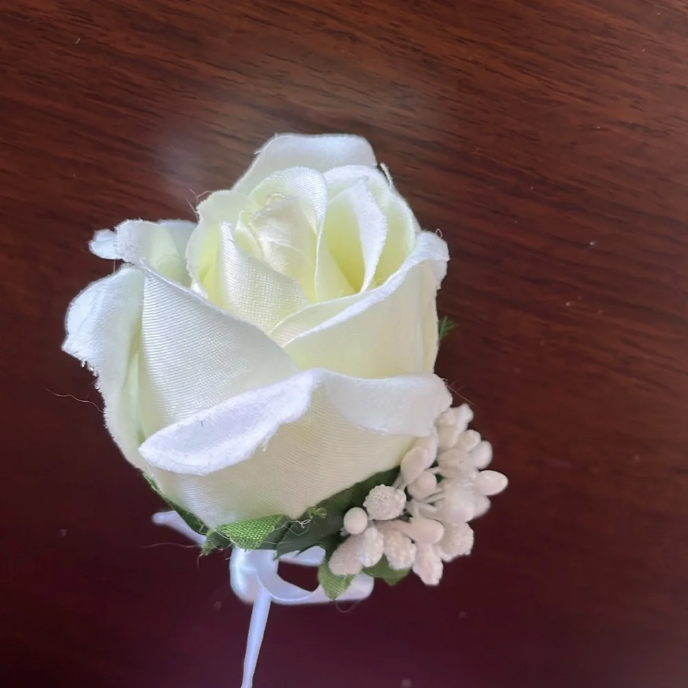 White Silk Like Rose Boutonniere - Wedding‎ Dance Boutonniere Prom